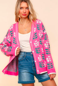 Pink Floral Oversized Sweater Cardigan