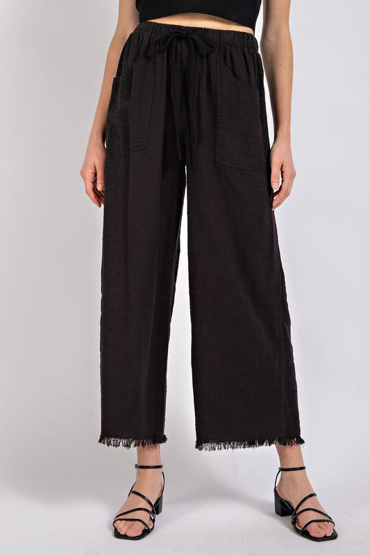 Black Frayed Cotton Wide Leg Pants