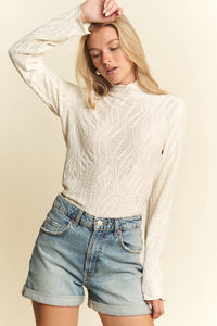 Cream Long Sleeve Mock Neck Wave Jacquard Top