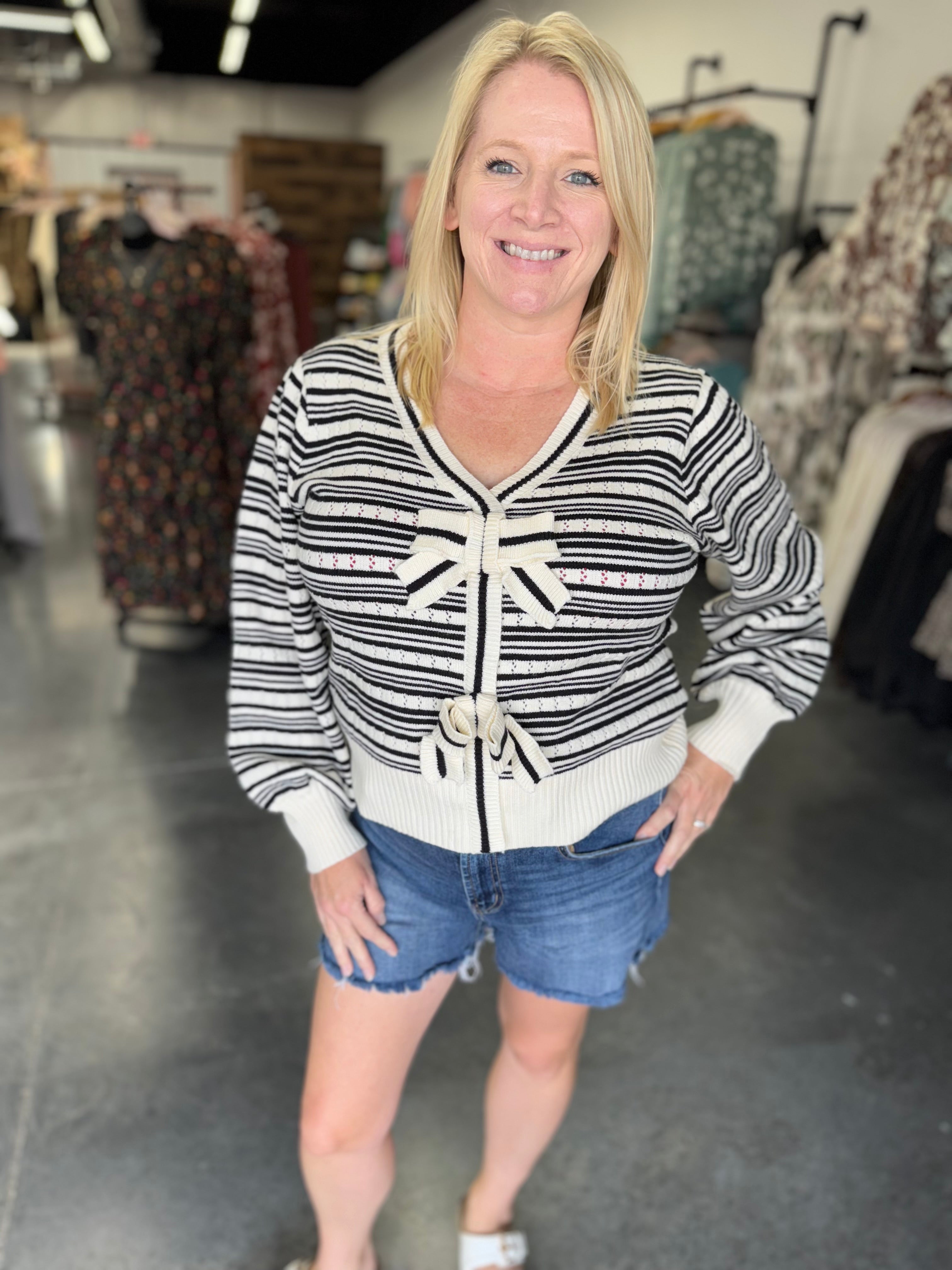 Striped V-Neck Sweater with Decorative Bows