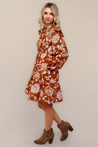 Fall Floral Tiered Mock Neck Midi Dress ￼