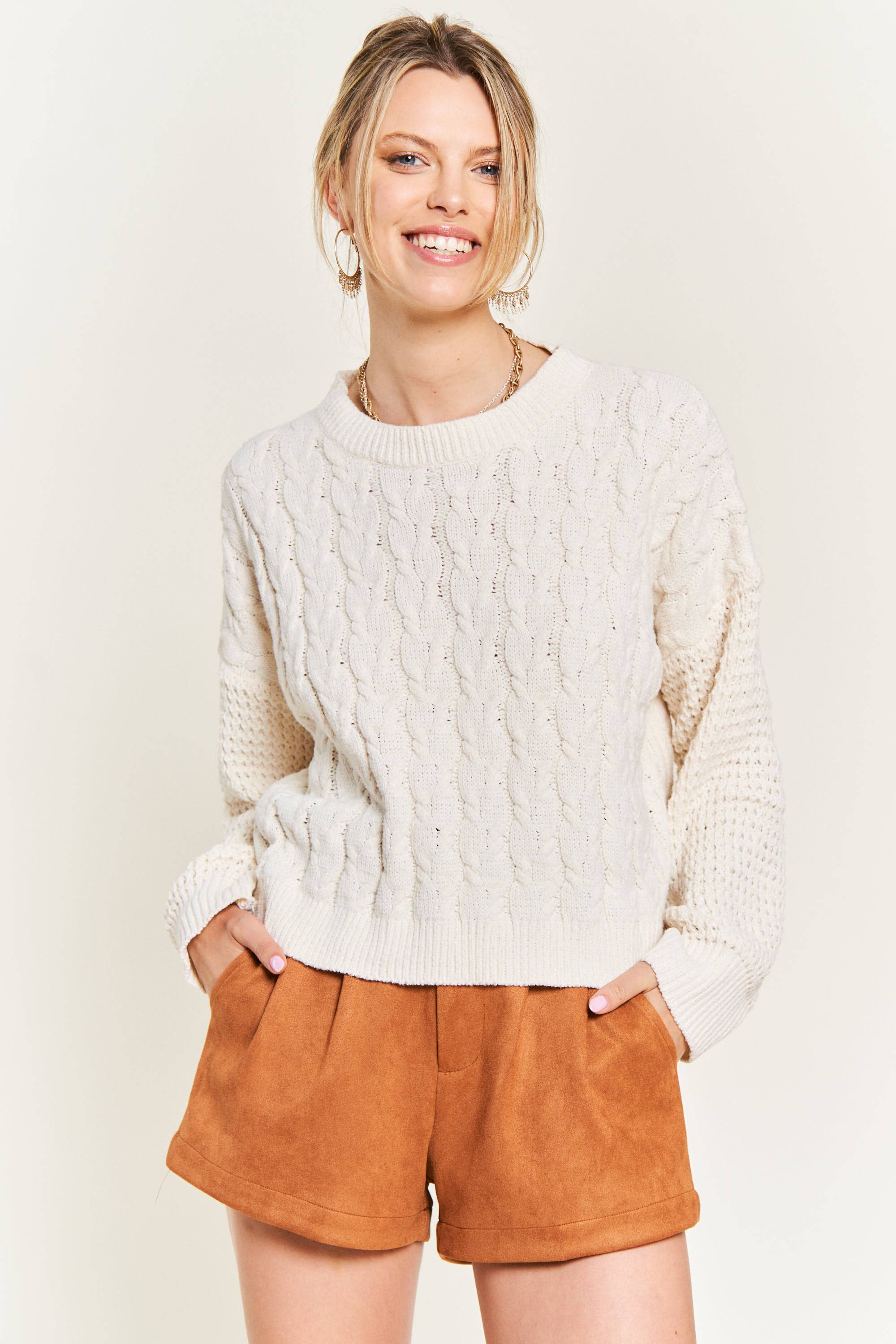 Cream Contrast Pattern Pullover Sweater Top