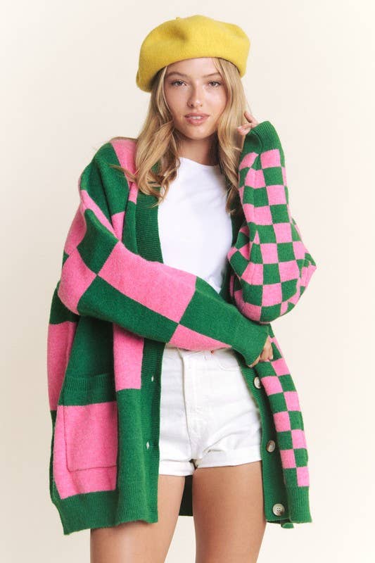 Button Down Long Sleeve Checkered Oversized Cardigan