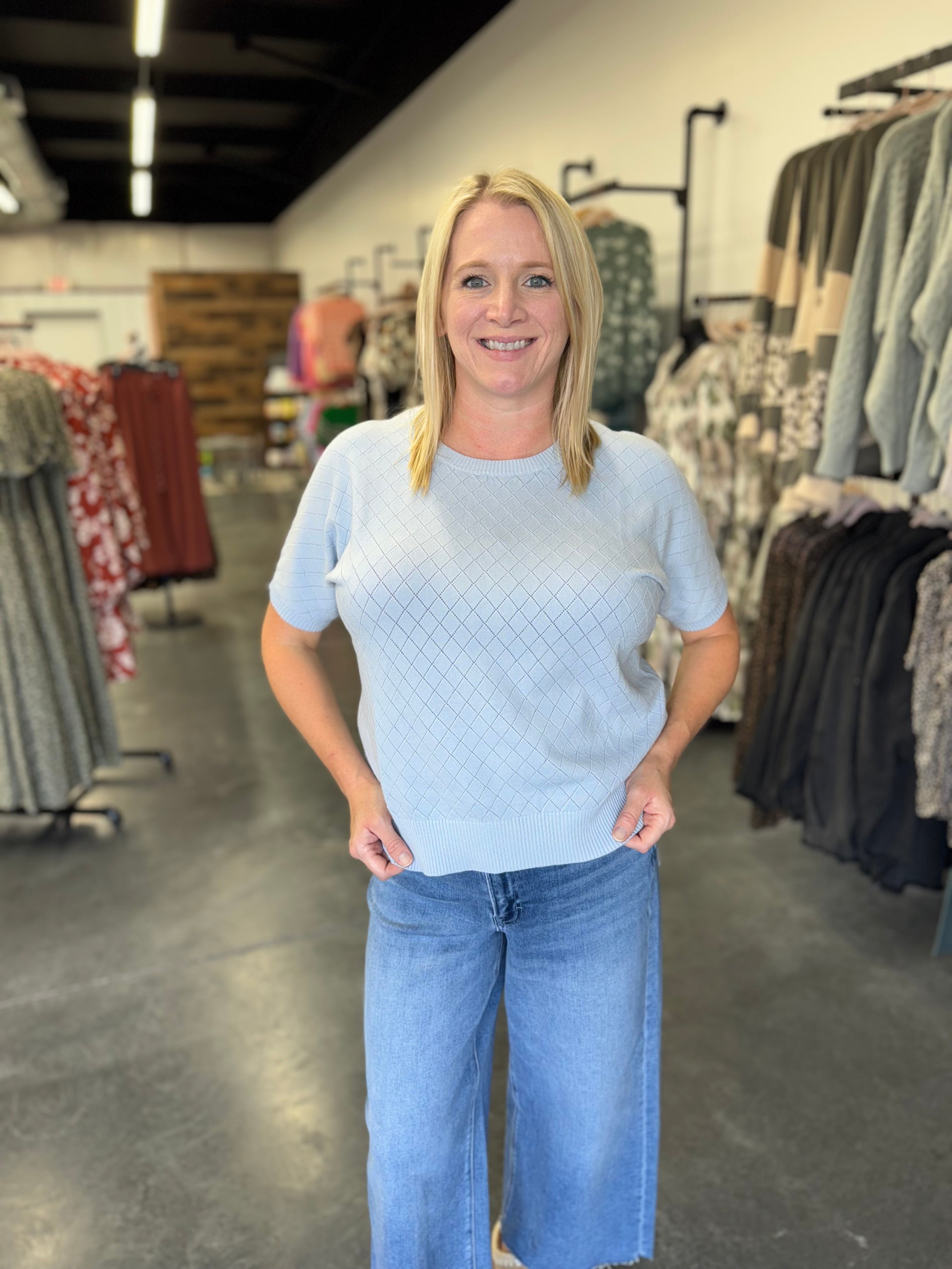Powder Blue Short Sleeve Dolman Pointelle Top