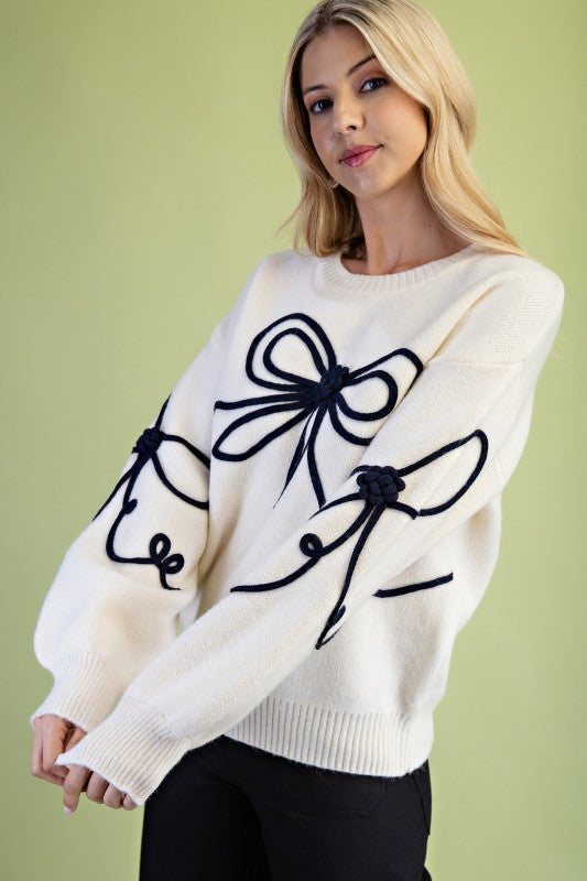 Ivory and Black Bow Motif Sweater