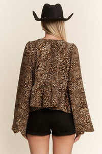 LEOPARD PRINT PUFF SLEEVE BOW FRONT TOP