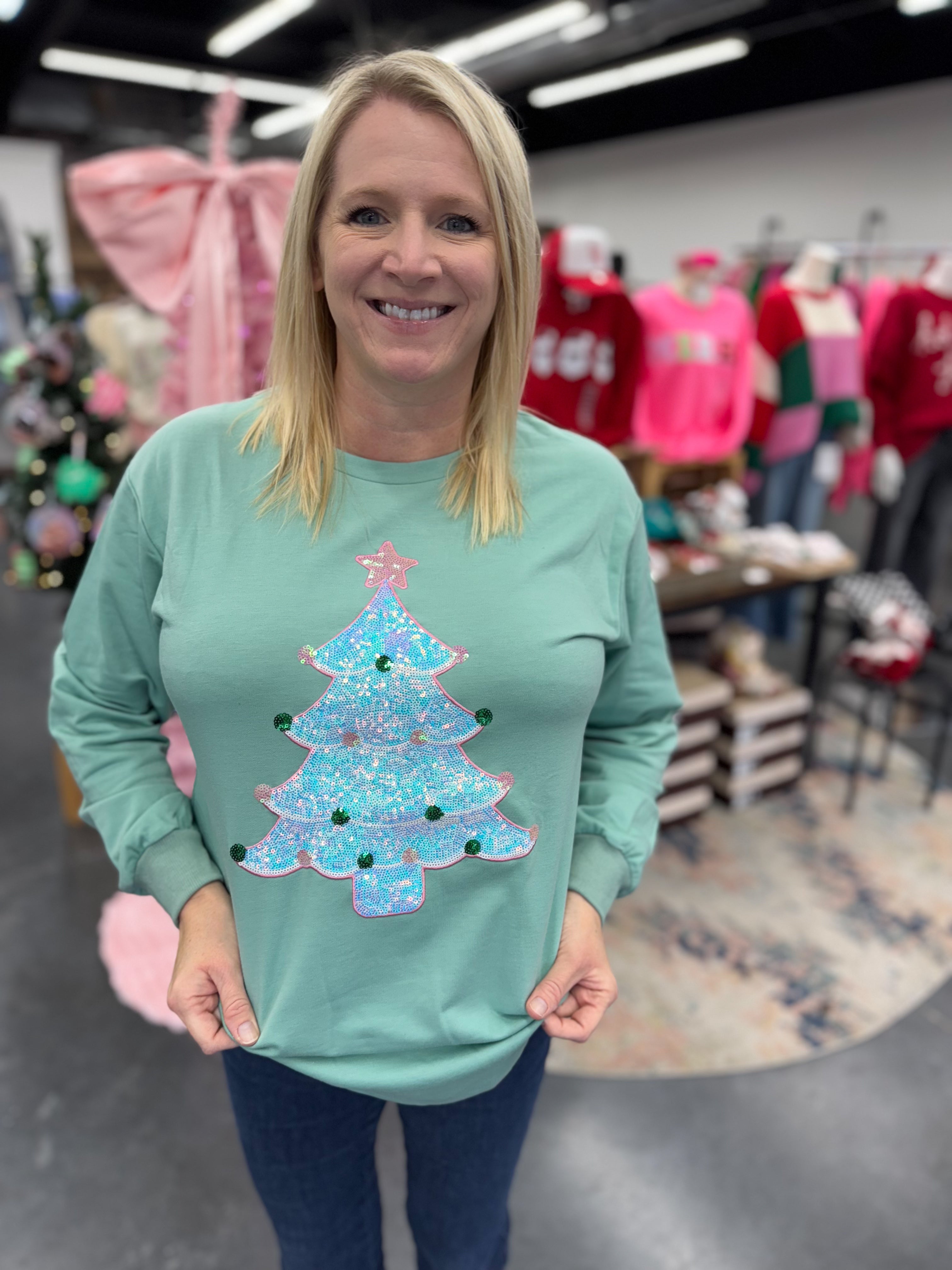 Sequin Tree Patch on Mint Sweatshirt