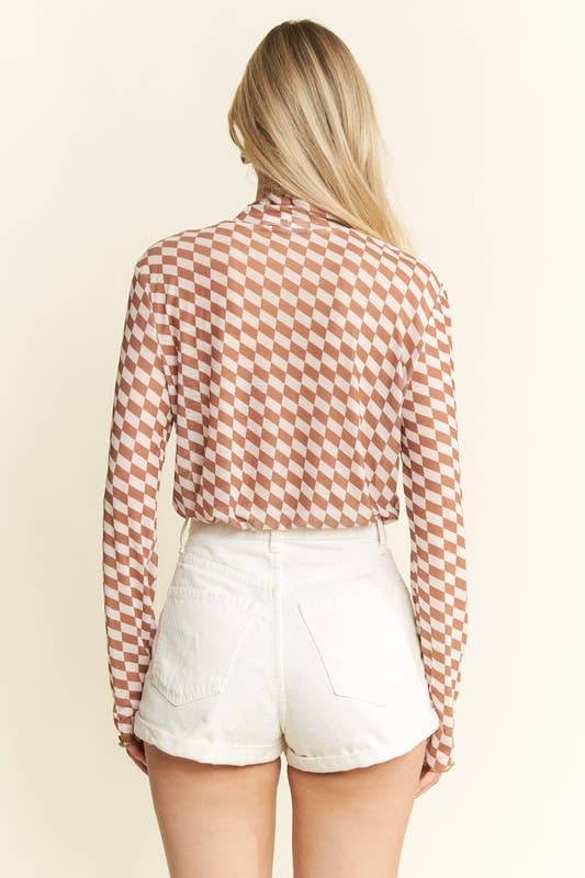 CHECKERED MESH MOCK NECK TOP
