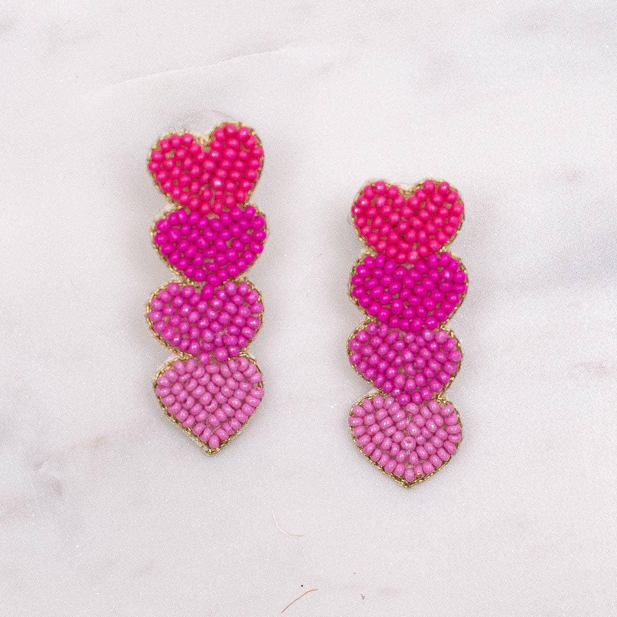 Hearts Beaded Earrings   Pink   2"