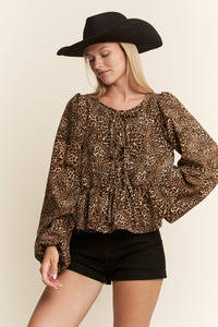 LEOPARD PRINT PUFF SLEEVE BOW FRONT TOP