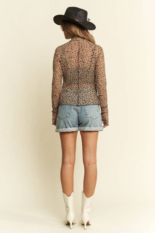 Mock Neck Long Sleeve Animal Print Stretchy Mesh Top