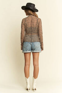 Mock Neck Long Sleeve Animal Print Stretchy Mesh Top