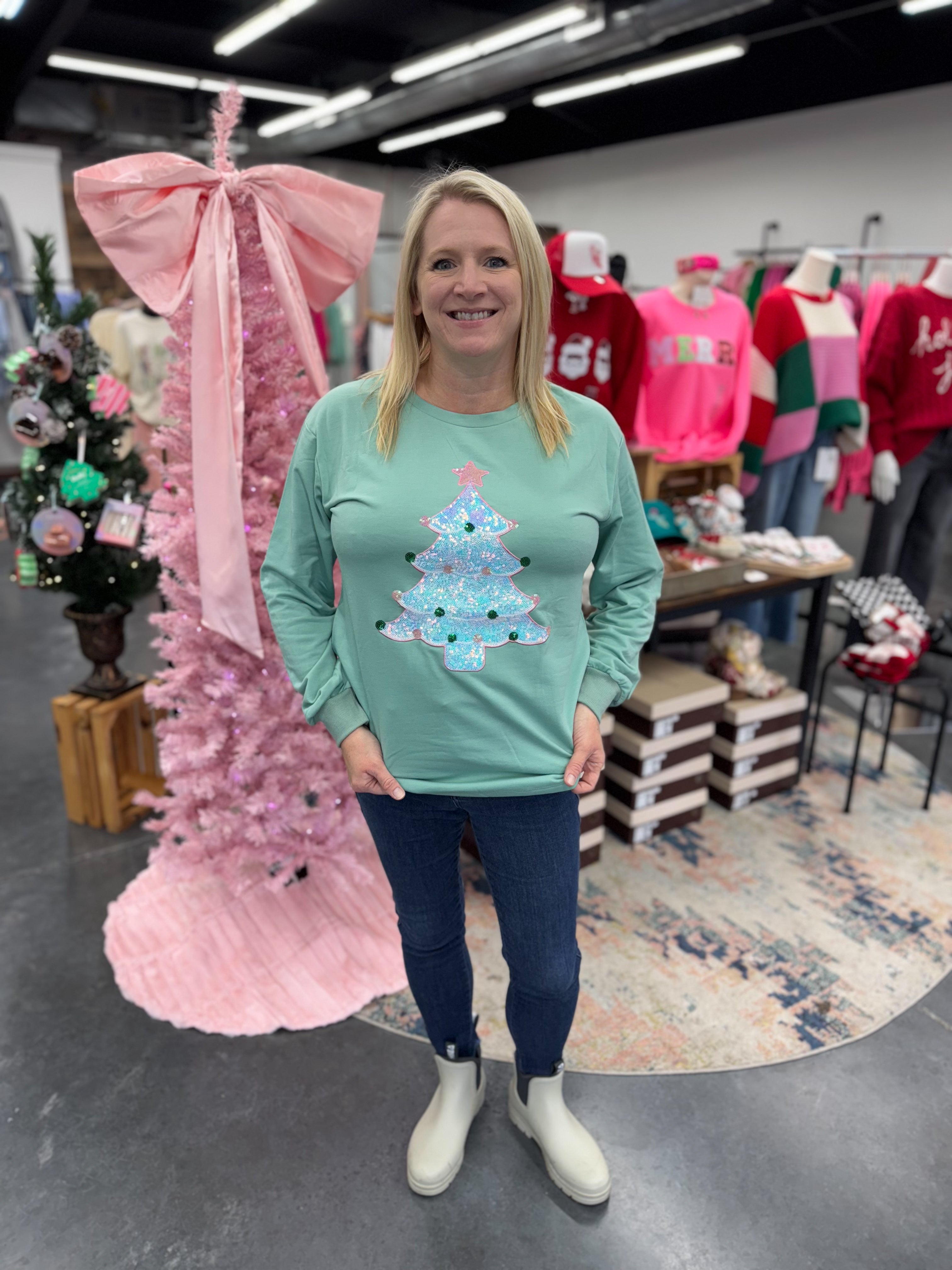 Sequin Tree Patch on Mint Sweatshirt