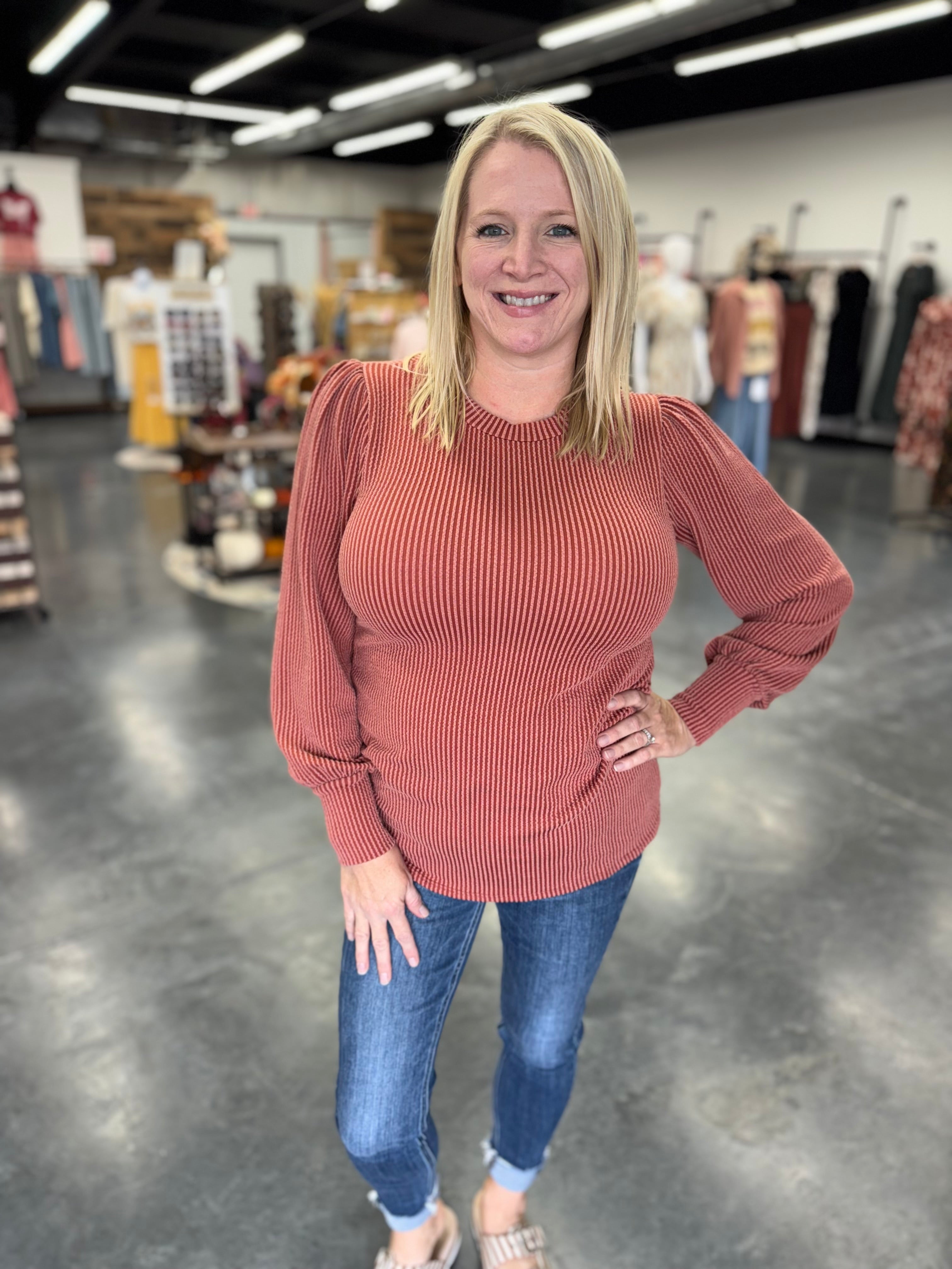 Round Neck Textured Long Sleeve Rib Knit Top