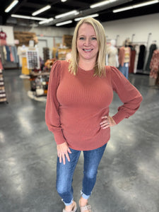 Round Neck Textured Long Sleeve Rib Knit Top