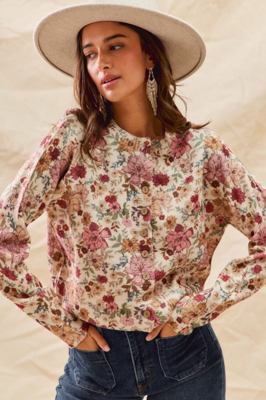 Floral Print Button Front Sweater Cardigan Top