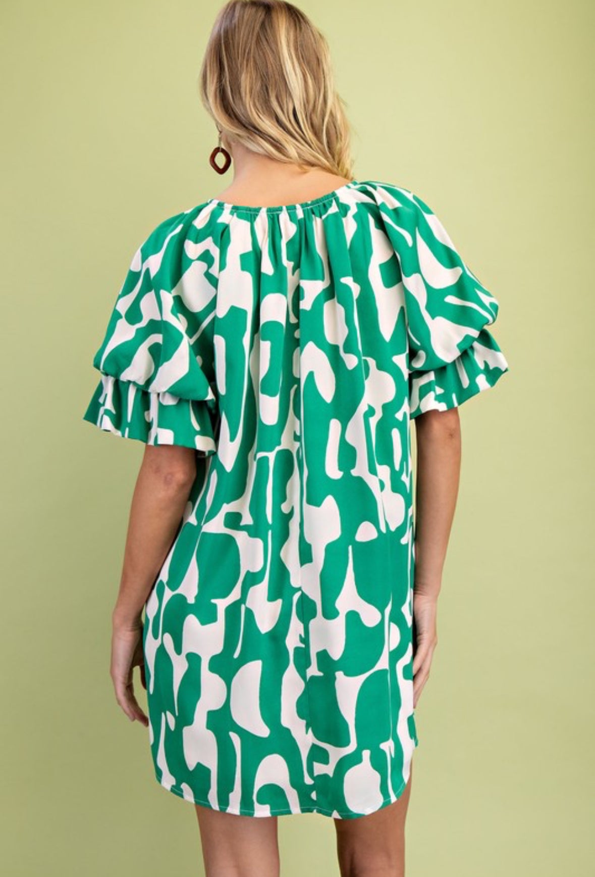 Kelly Green and White Geometric Print Loose Fit Mini Dress