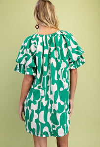 Kelly Green and White Geometric Print Loose Fit Mini Dress