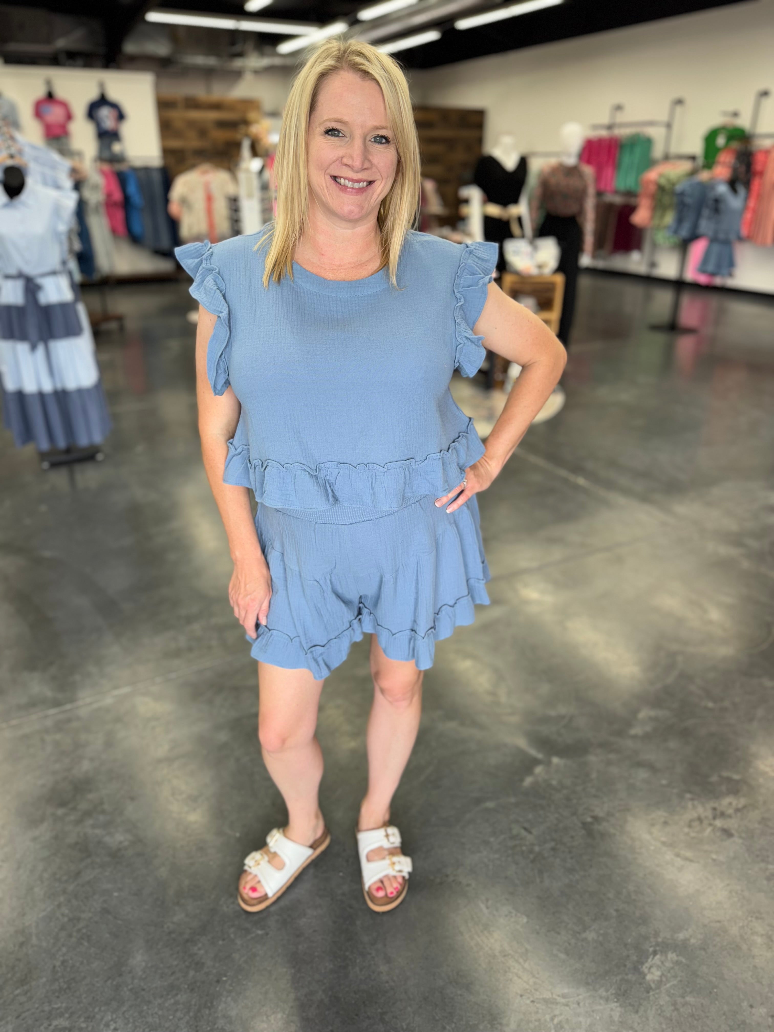 Ruffled Solid Woven Top & Shorts Set
