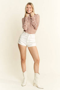 CHECKERED MESH MOCK NECK TOP