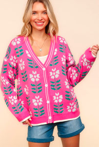 Pink Floral Oversized Sweater Cardigan