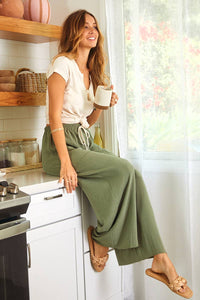 Olive Solid Wide Leg Pants