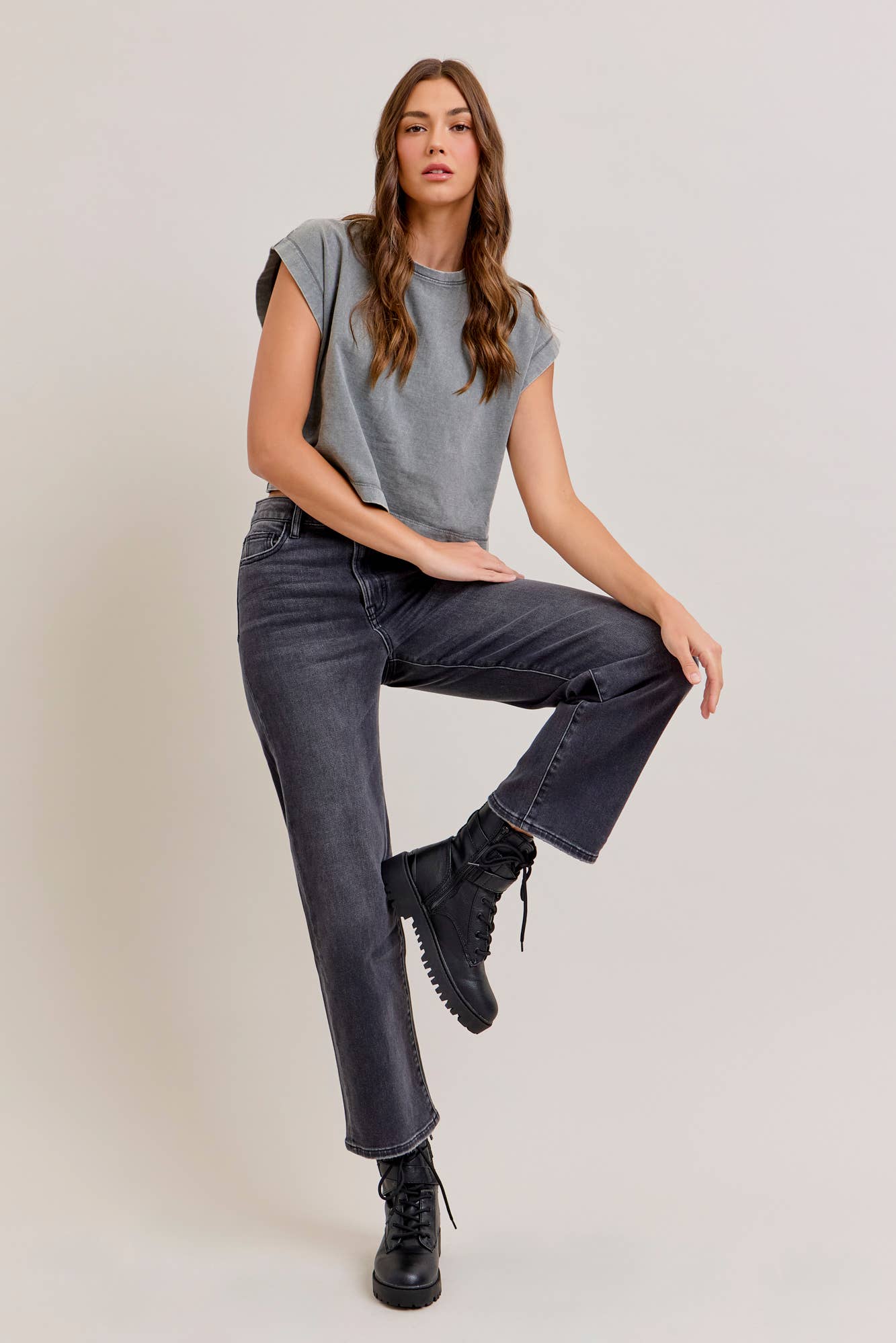 Charcoal Wash Clean Stretch Wide Straight Hidden Denim