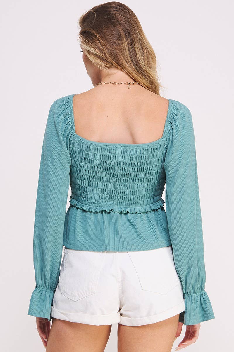 Teal Ruched Detail Bell Sleeves Top