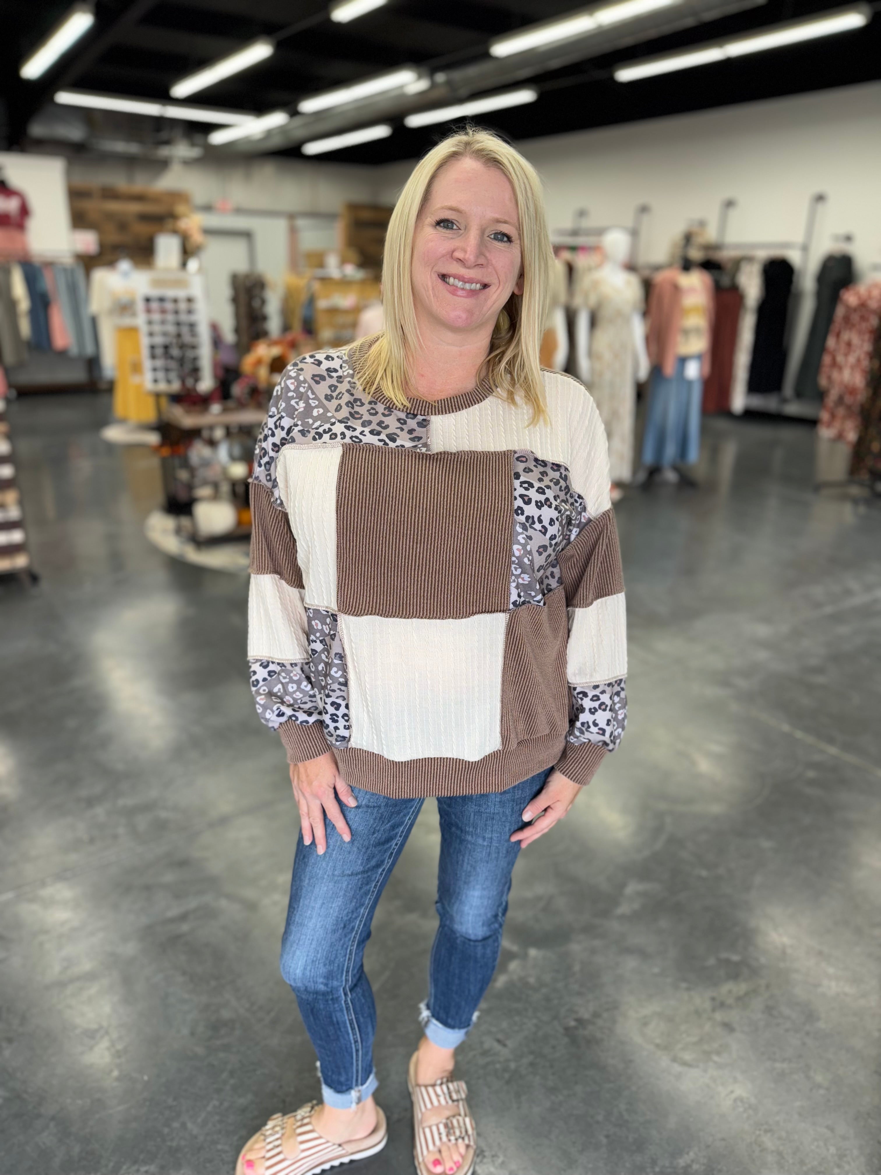 Round Neck Rib Cable Knit Leopard French Therry Top