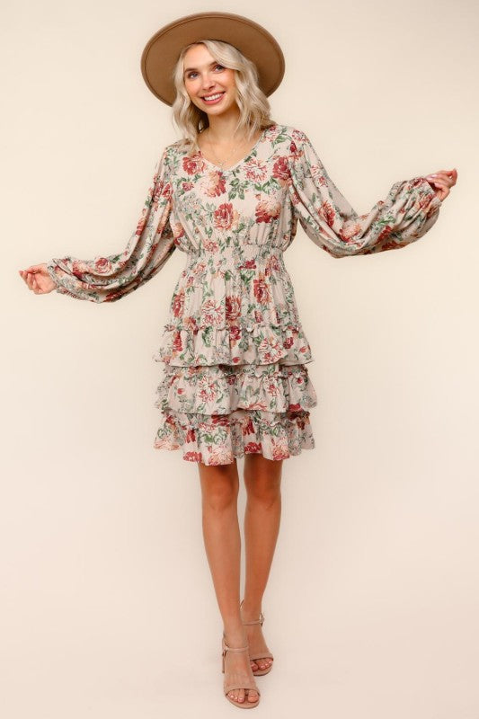 Floral Taupe Tiered Dress