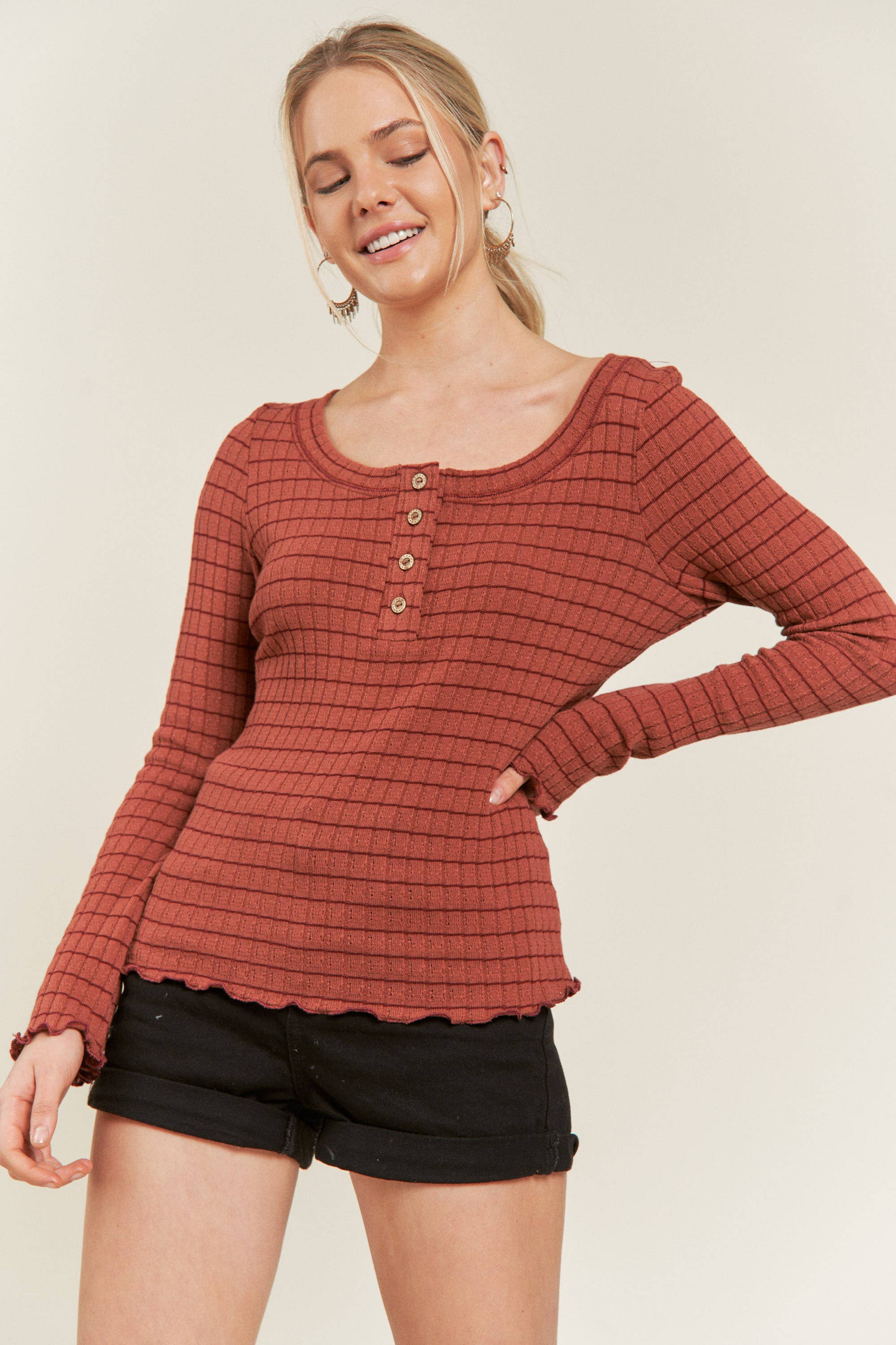 Rust Round Neck Stripe Top