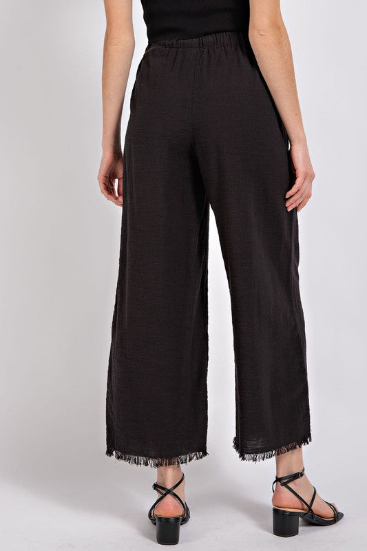 Black Frayed Cotton Wide Leg Pants