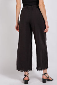 Black Frayed Cotton Wide Leg Pants
