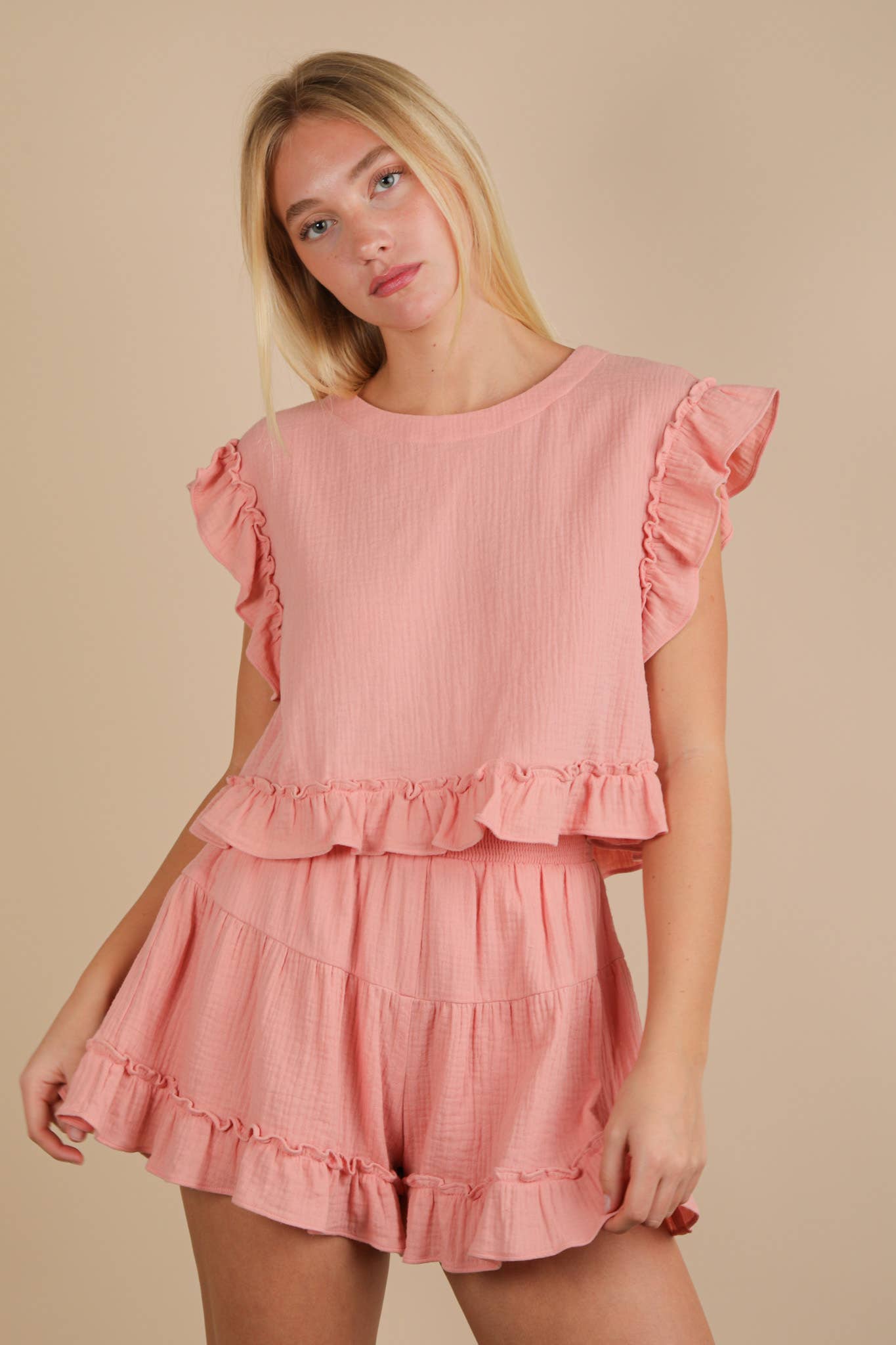Ruffled Solid Woven Top & Shorts Set