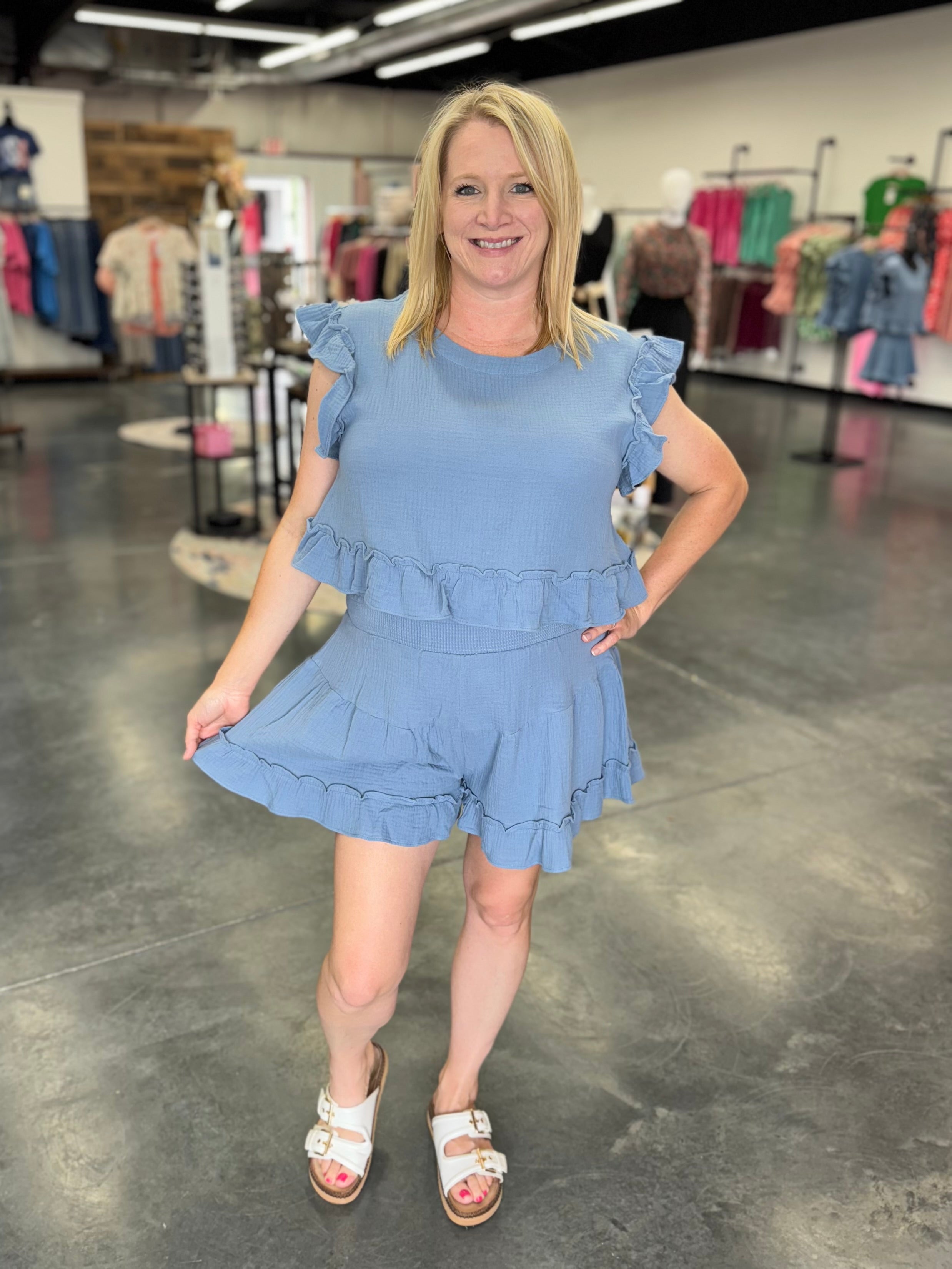 Ruffled Solid Woven Top & Shorts Set