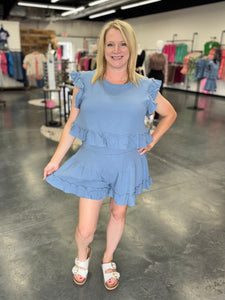Ruffled Solid Woven Top & Shorts Set