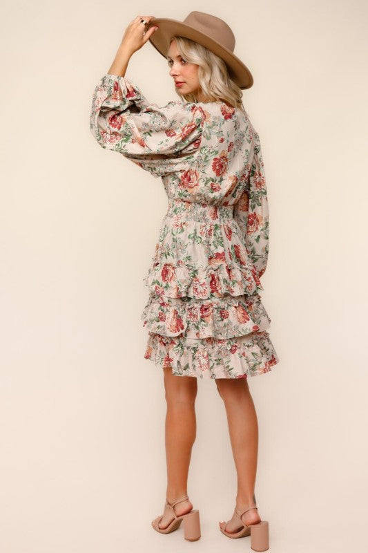 Floral Taupe Tiered Dress