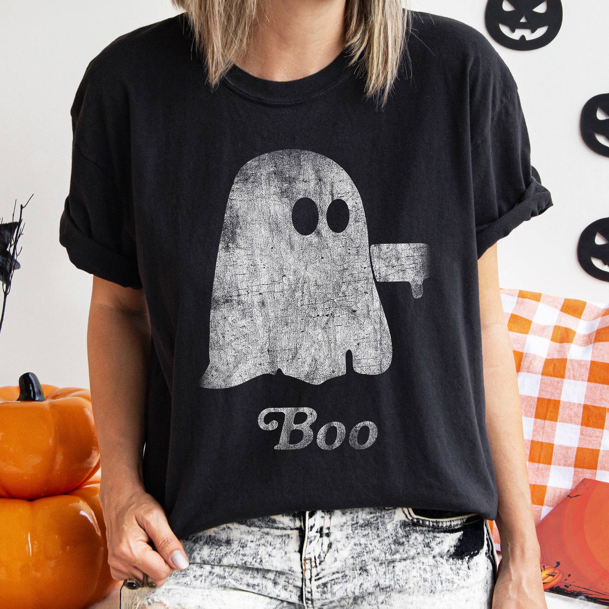 Black Comfort Colors Boo Retro Ghost Graphic Tee