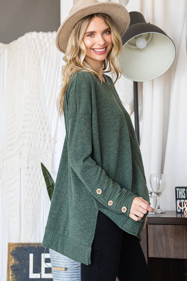 Olive Loose Fit Button Sleeve Soft Sweater Knit