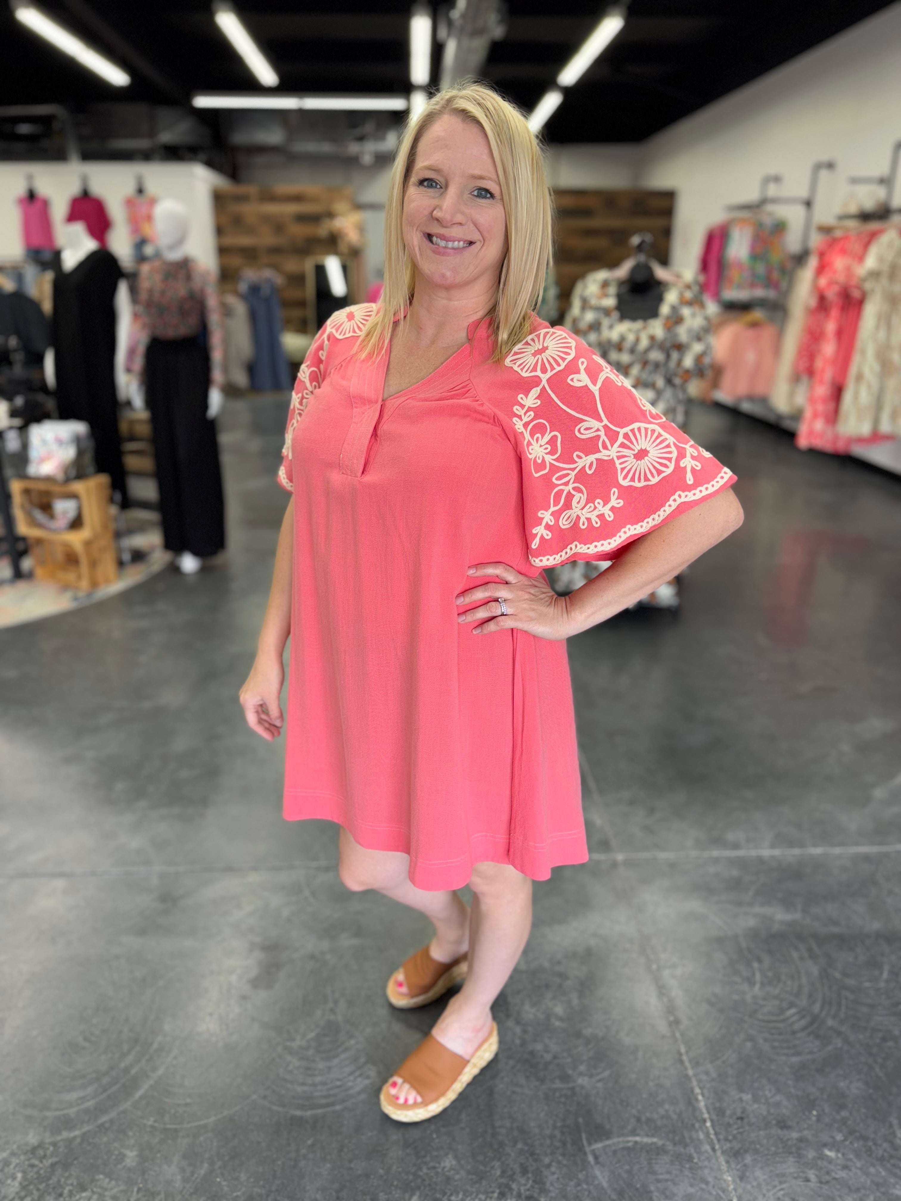 Coral Embroidered Sleeve Dress