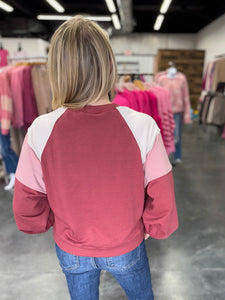 Color Block Raglan Sleeve Comfy Knit Sweat Shirt Top