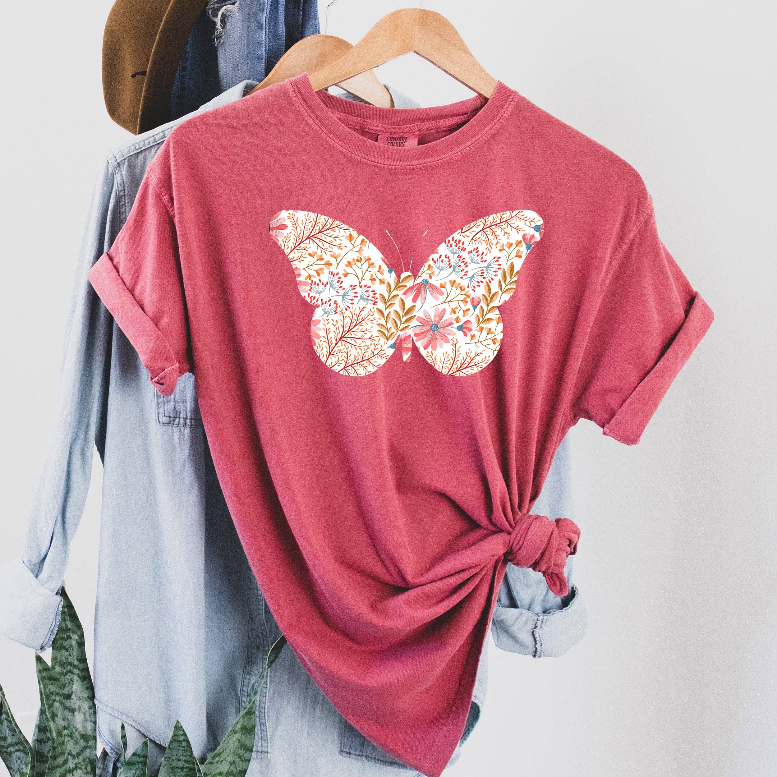 Crimson Comfort Colors Floral Butterfly Graphic Tee