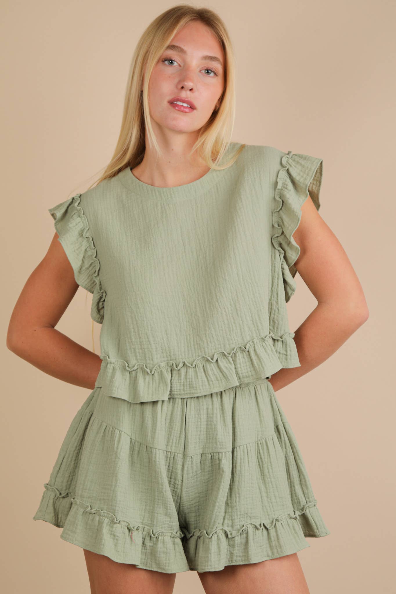 Ruffled Solid Woven Top & Shorts Set