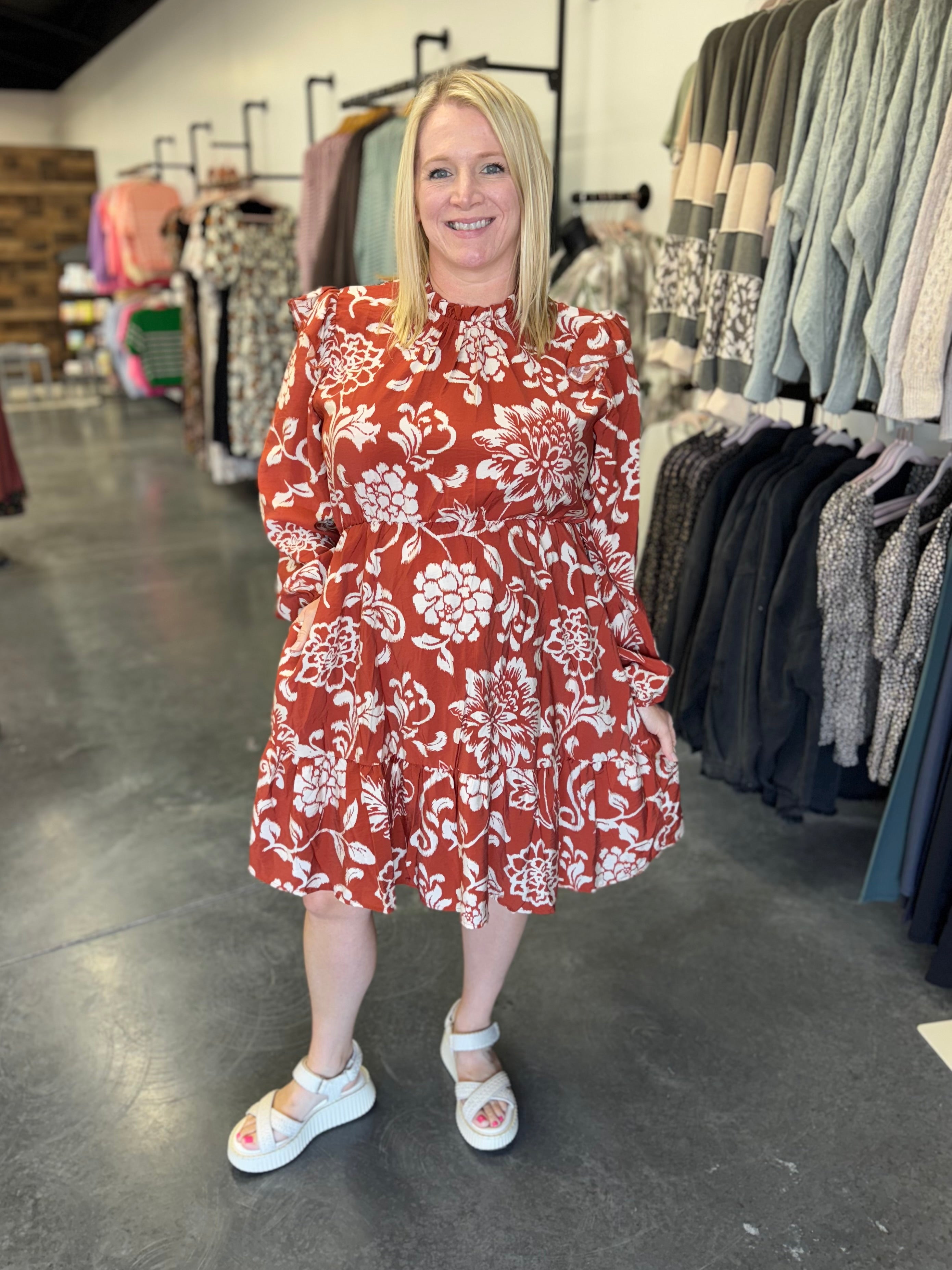 Fall Floral Tiered Mock Neck Midi Dress Medium Fall Floral Tiered Mock Neck Midi Dress Medium
