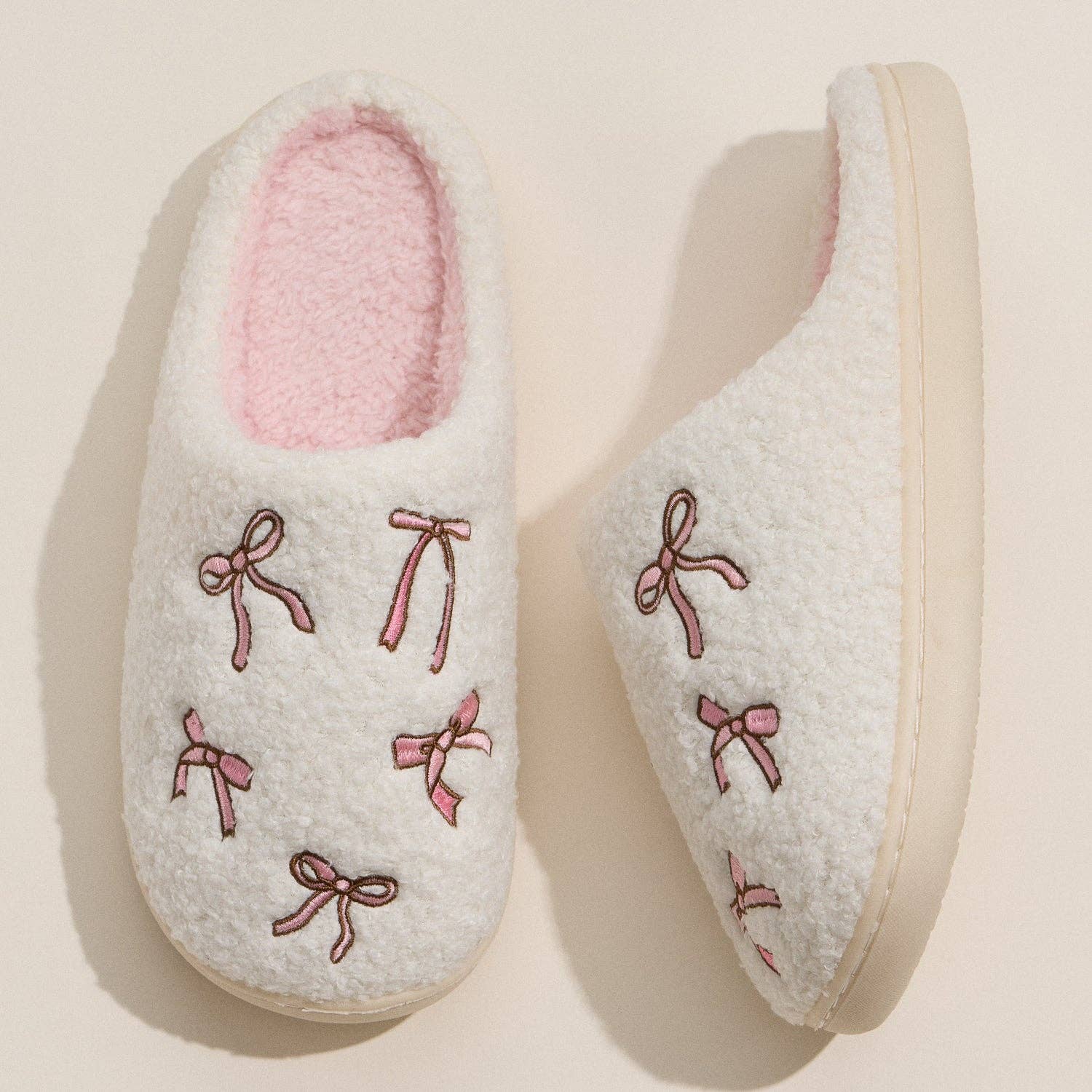 Embroidered Plush Slippers with Soft Bow Detail