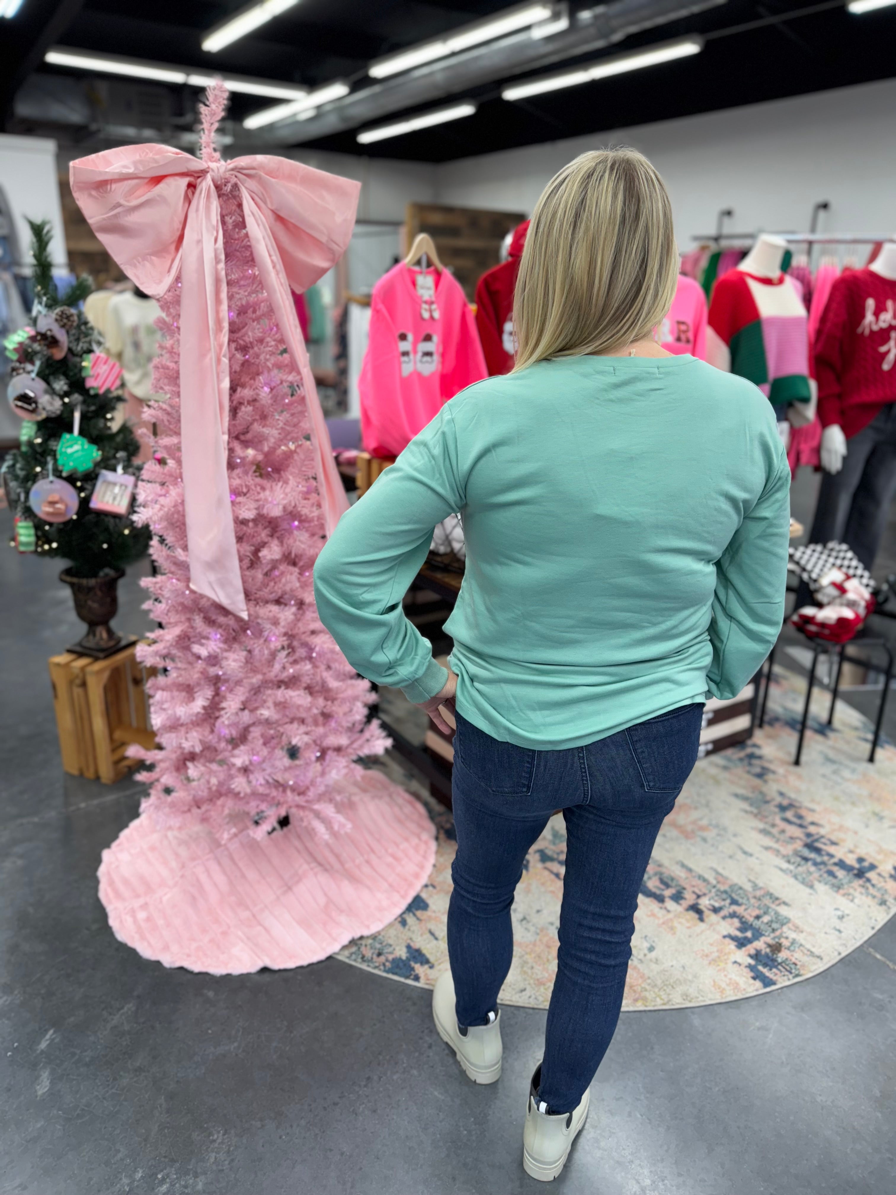 Sequin Tree Patch on Mint Sweatshirt