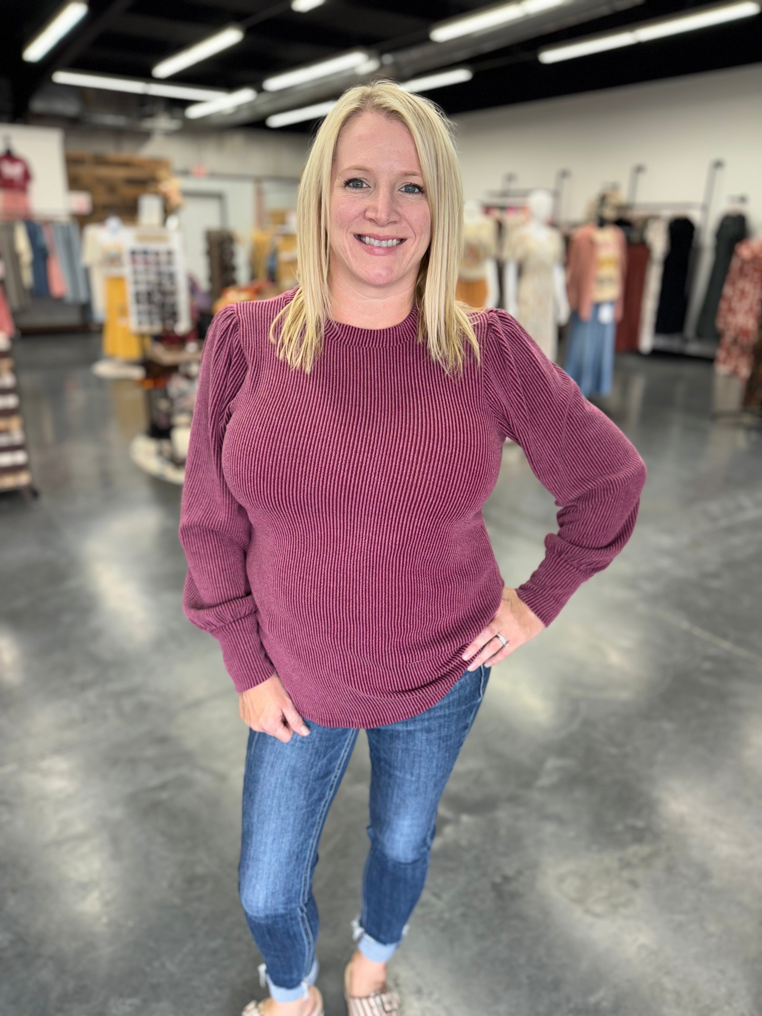 Round Neck Textured Long Sleeve Rib Knit Top
