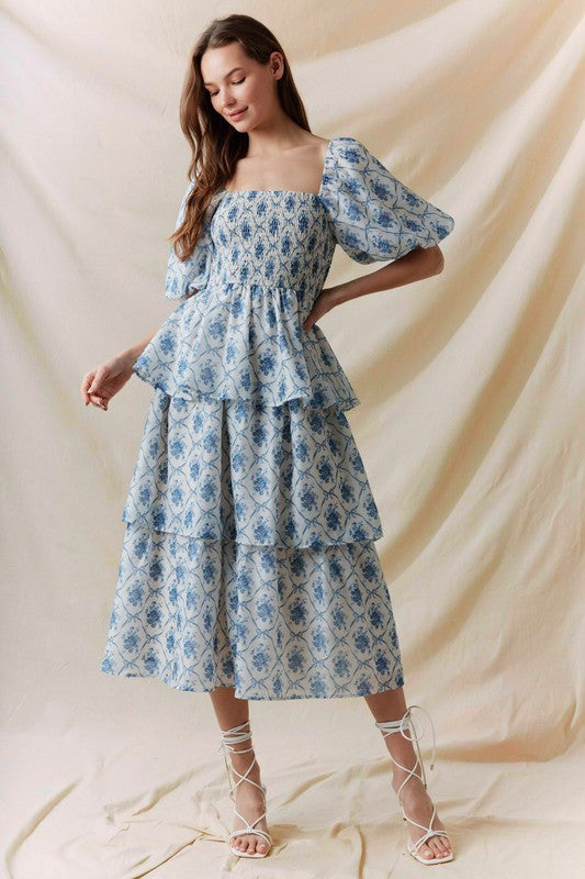Smocked Bodice Tiered Midi Dress