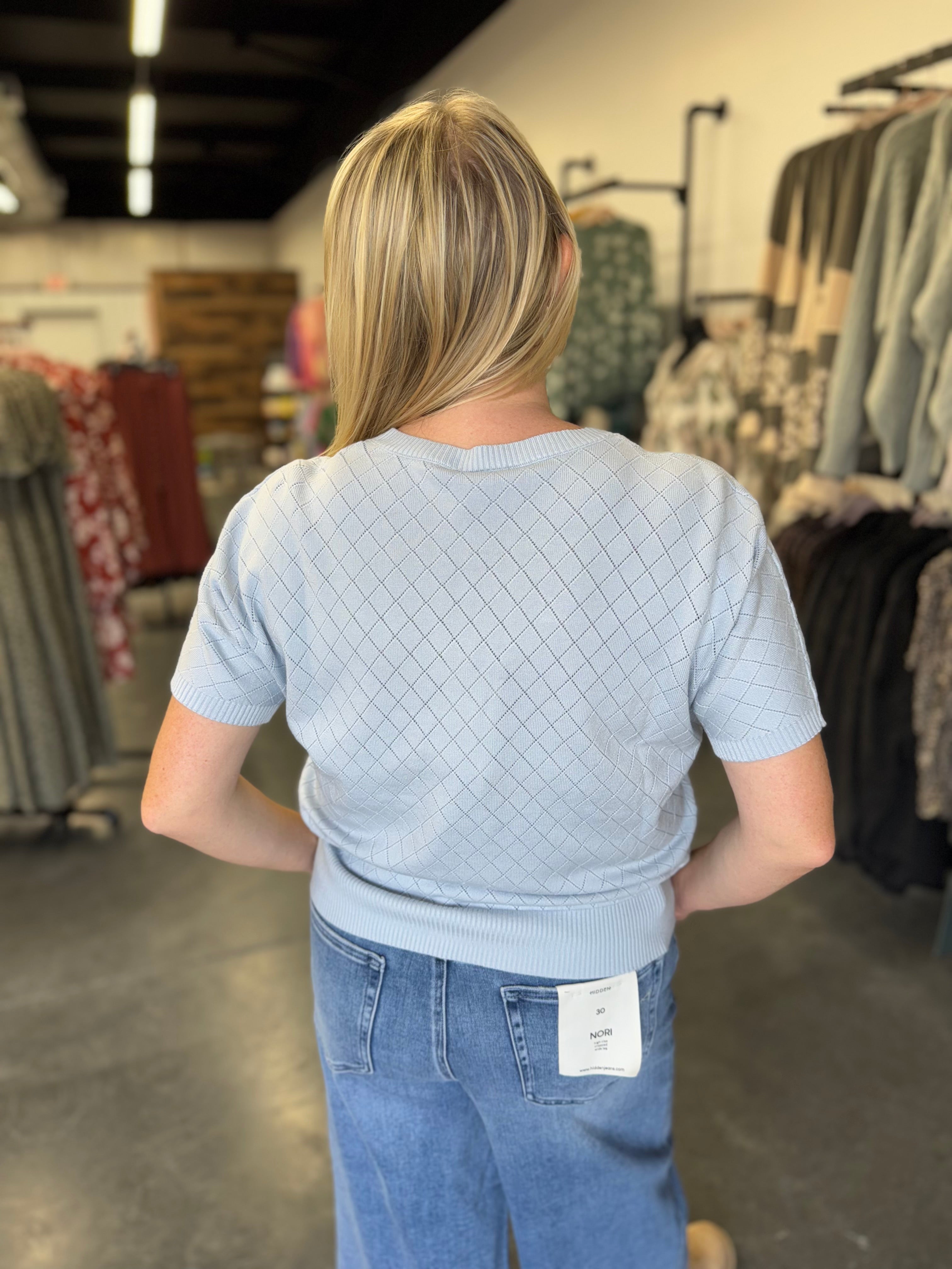 Powder Blue Short Sleeve Dolman Pointelle Top