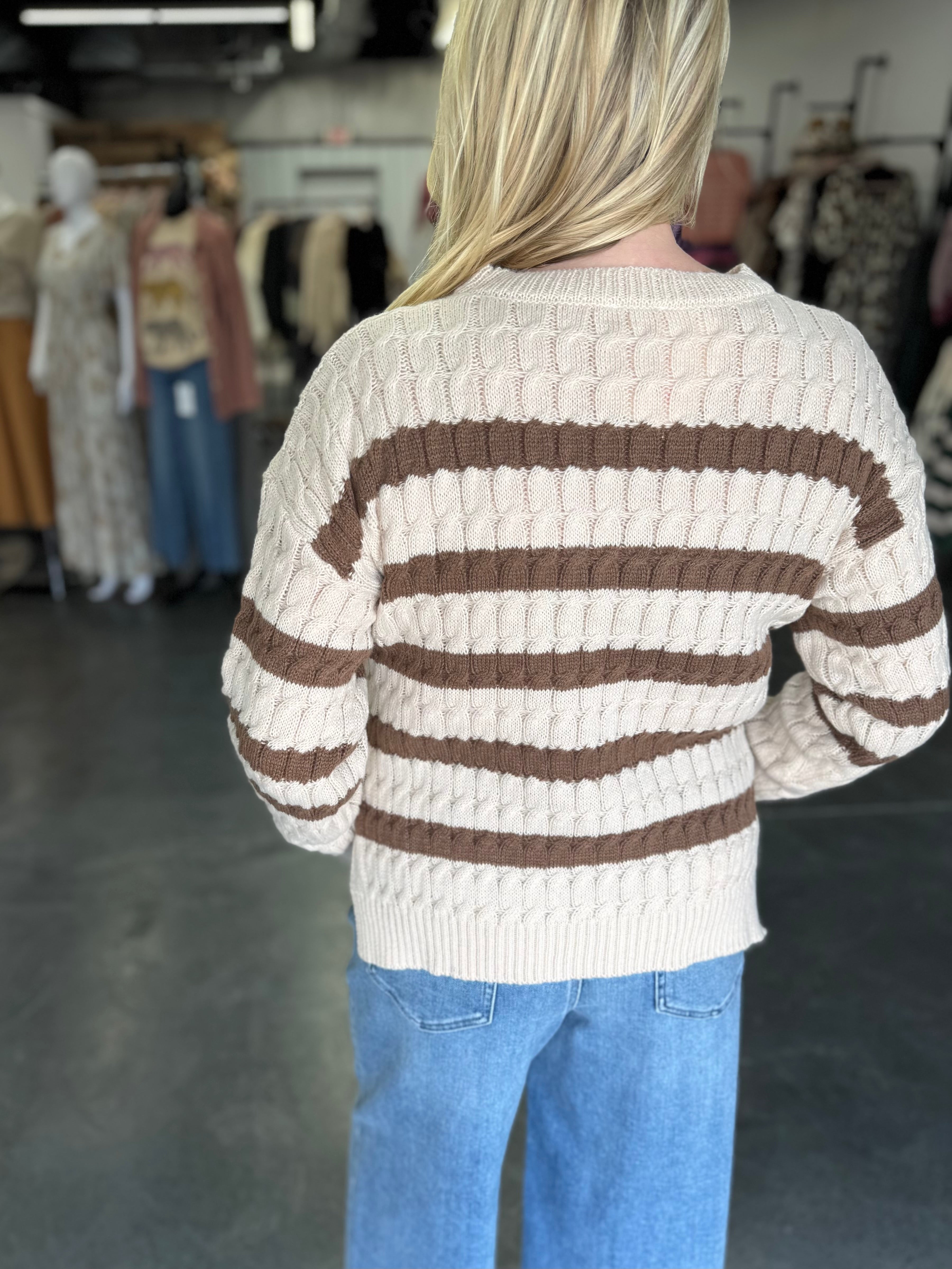 Oatmeal and Mocha Stripe Cable Knit Sweater With Side Slits